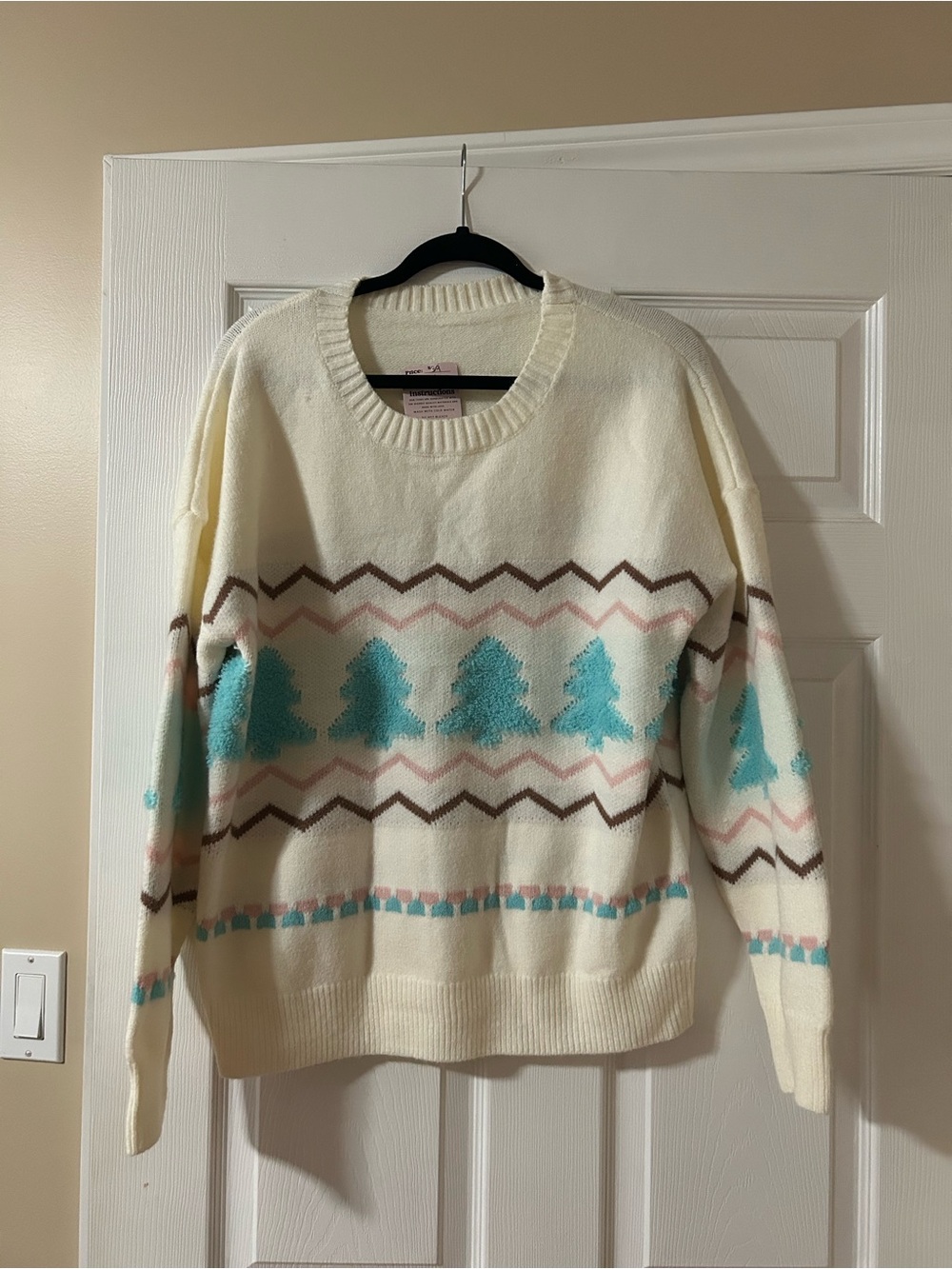 Cream & Turquoise Tree Pattern Crewneck Sweater